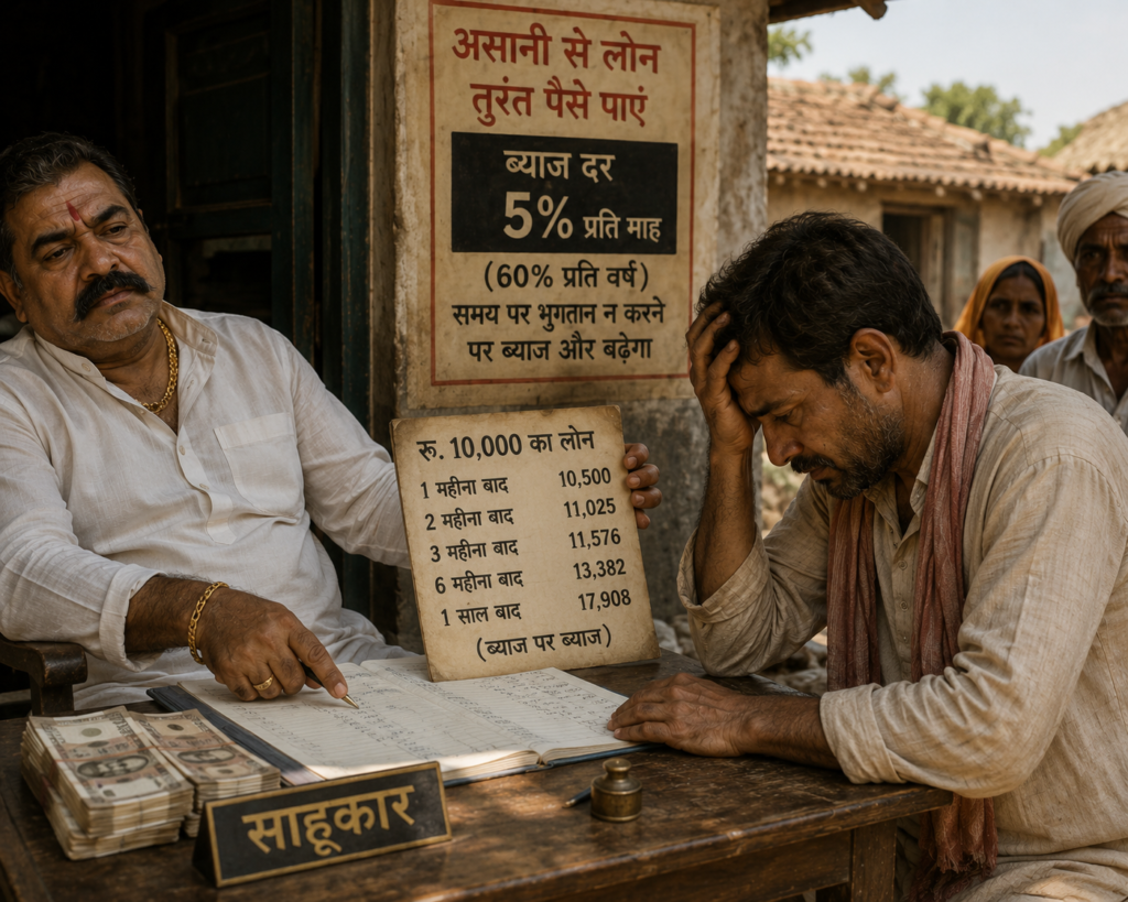 सूदखोरी को चित्रित करती एक तस्वीर।